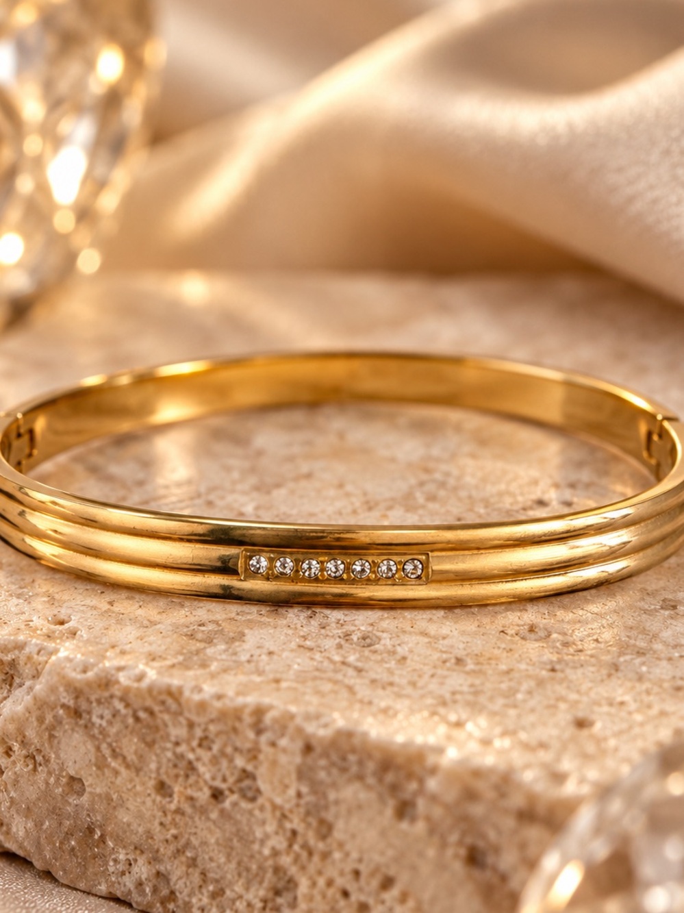 Gold Tone Triple Band Crystal Bangle Bracelet Minimalist Statement Jewelry